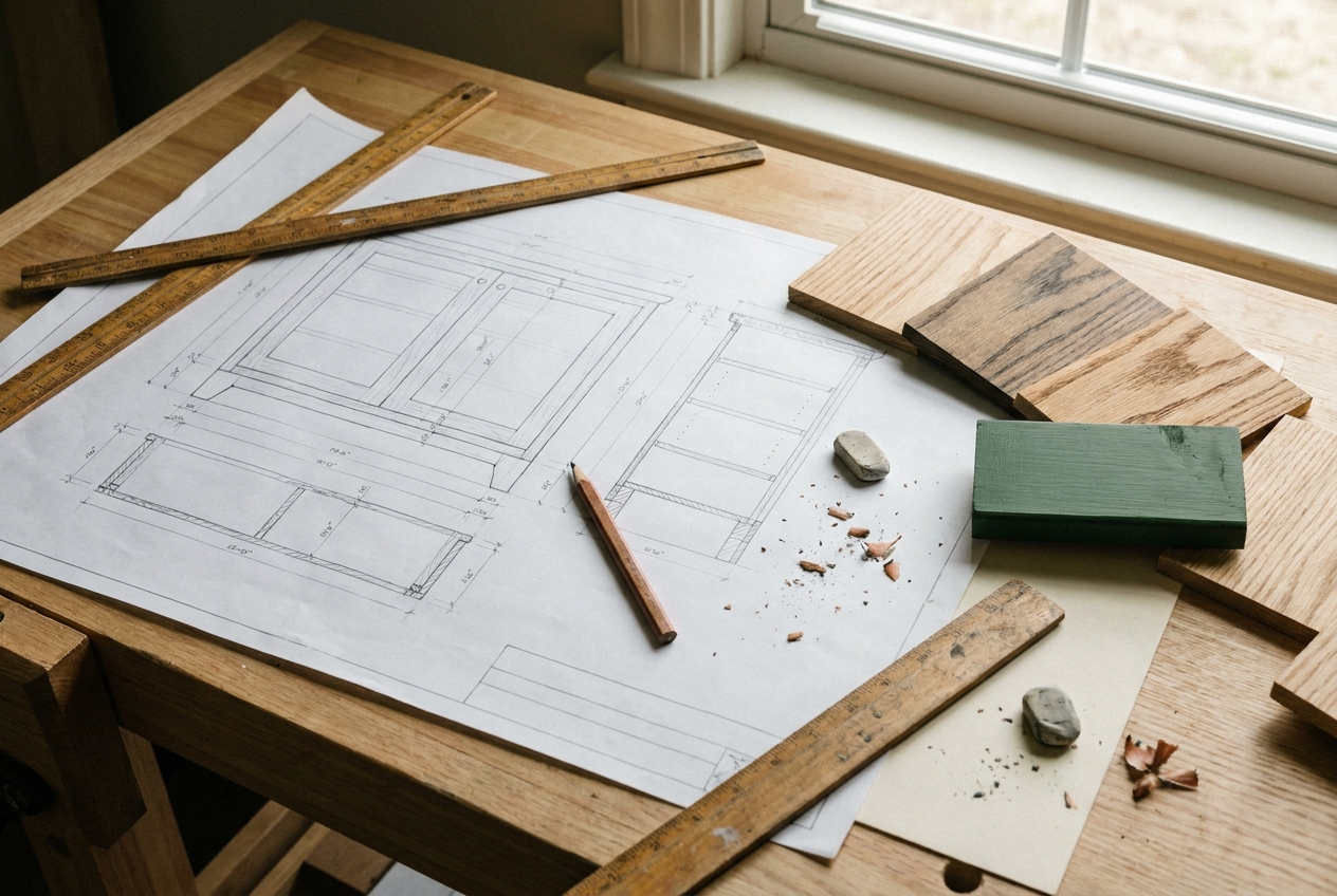 Handgetekende kasttekening met potlood en eiken stalen