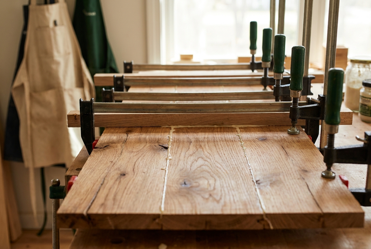 Eiken planken die op maat aan elkaar worden gelijmd