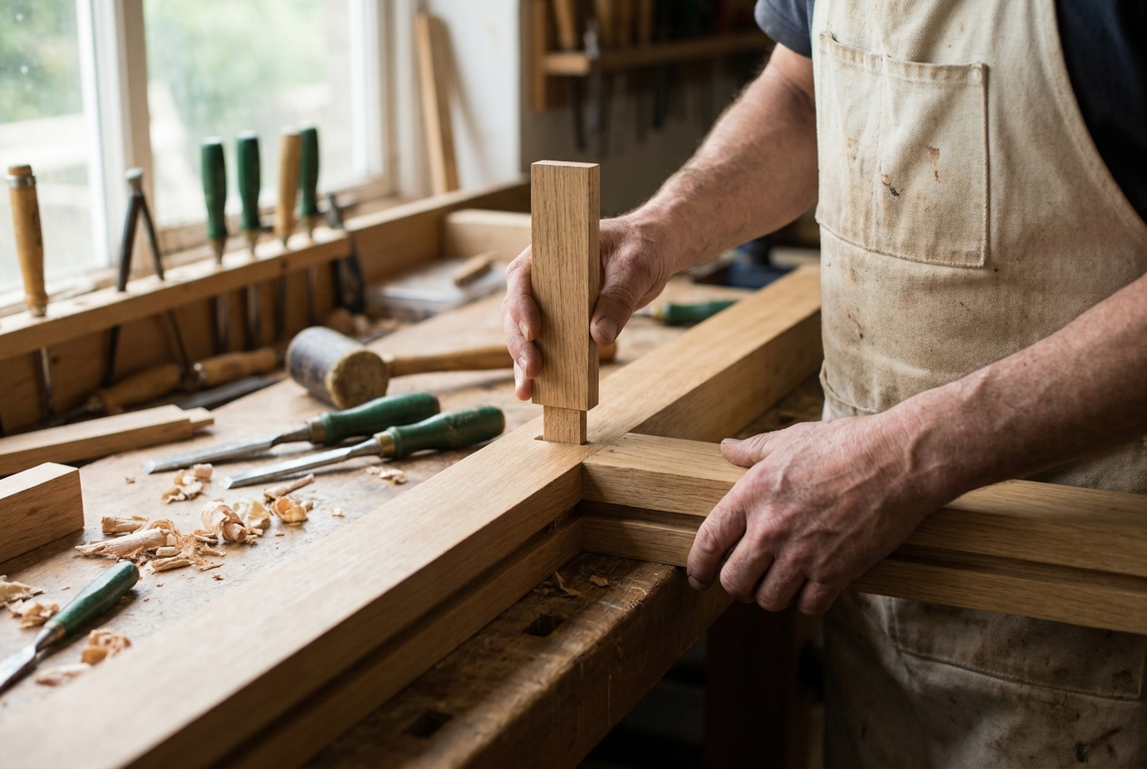 Handen van een meubelmaker die een strakke pen-en-gat verbinding demonstreren