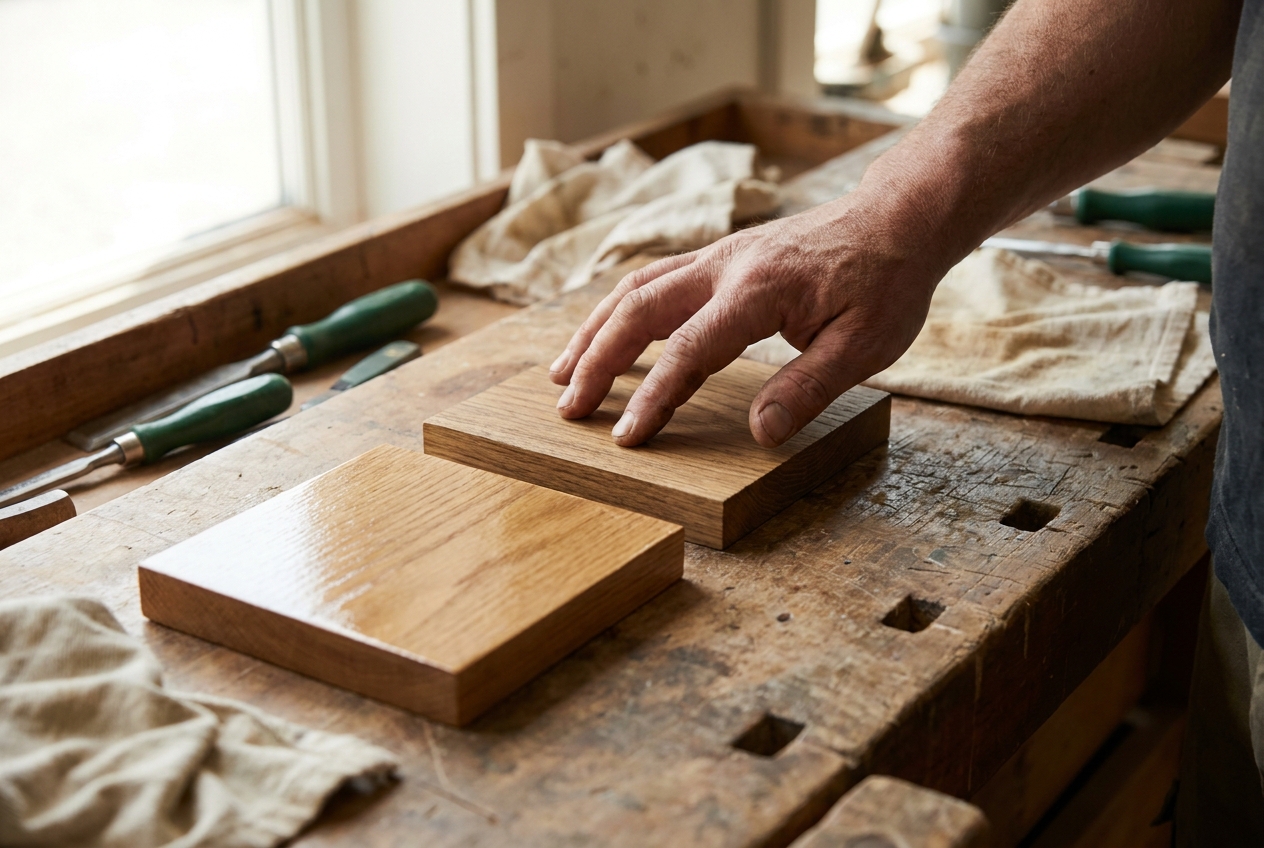 Hand die een geolied en een gelakt eiken proefblok naast elkaar vergelijkt