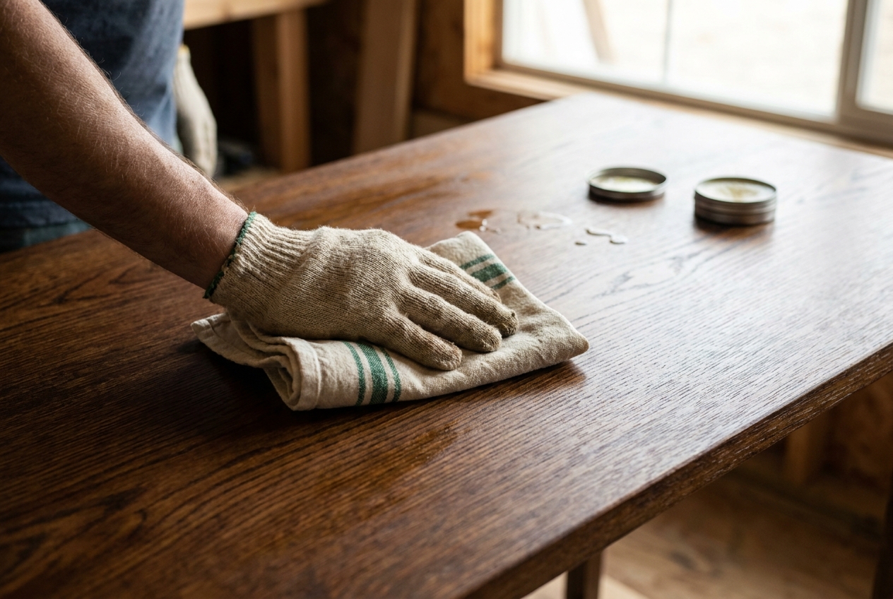 Hand wrijft olie in een eiken tafelblad ter bescherming