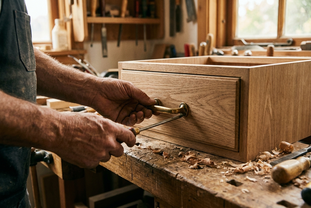 Handen monteren messing greep op eiken lade