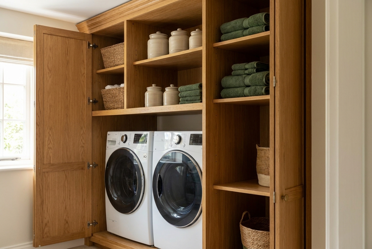 Open inbouwkast met wasmachine en droger achter eiken deuren