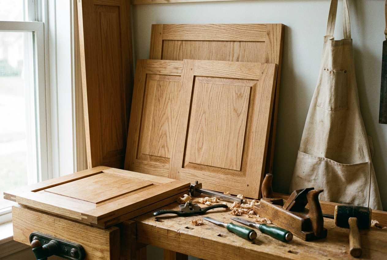 Werkplaatsdetail met eiken keukenfronten en handgereedschap